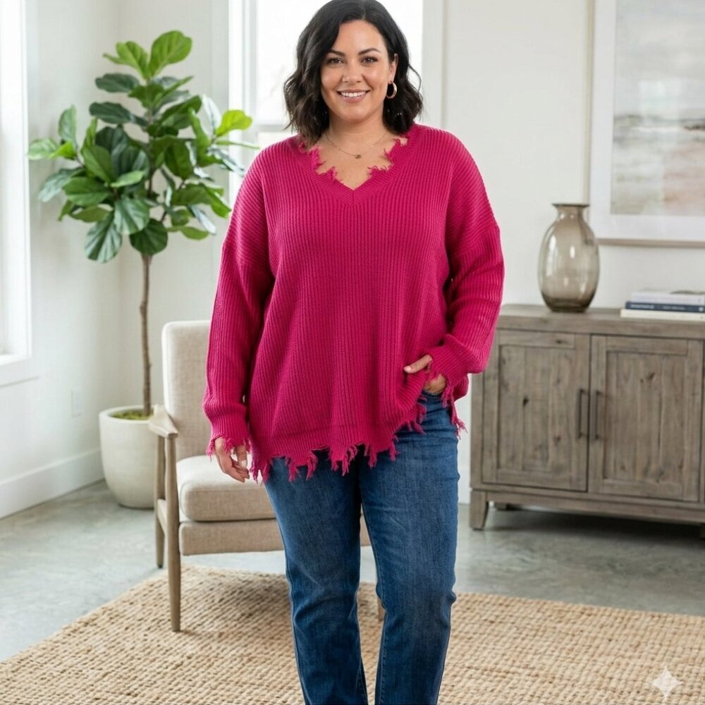 GeeGee Pink Sweater with Fringe Size 1XL - Oversized - NWT